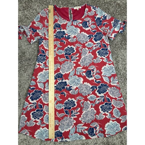 Andree by Unit Pink Floral Shift Dress L Tie Sleeve Scoop Neck Knee Length - Picture 3 of 12